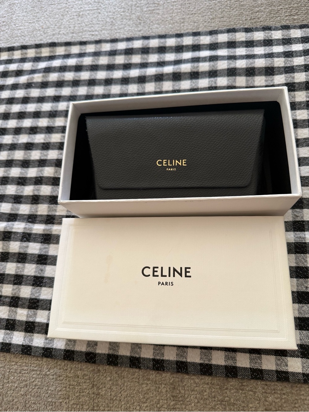 Celine Black Pebbled Leather Eyewear Case with Gold Logo